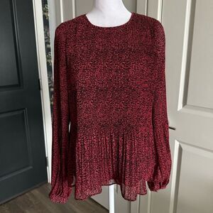 Zara Red and Black Leopard Print Micro Pleated Long Sleeve Blouse Size XS